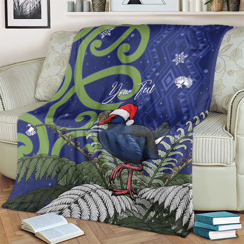 Personalized New Zealand Pukeko Christmas Blanket Meri Kirihimete Taniko Ponga Koru Blue - Polynesian Pride