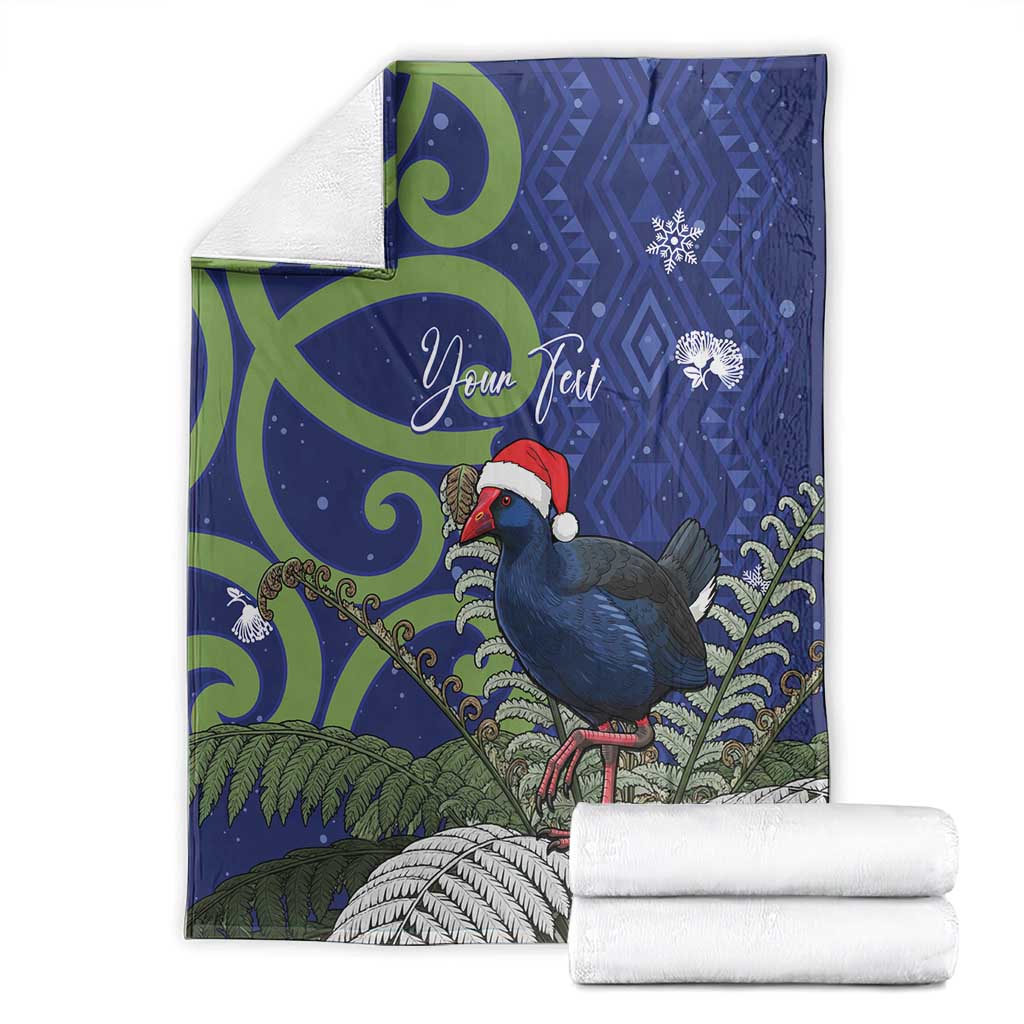 Personalized New Zealand Pukeko Christmas Blanket Meri Kirihimete Taniko Ponga Koru Blue - Polynesian Pride