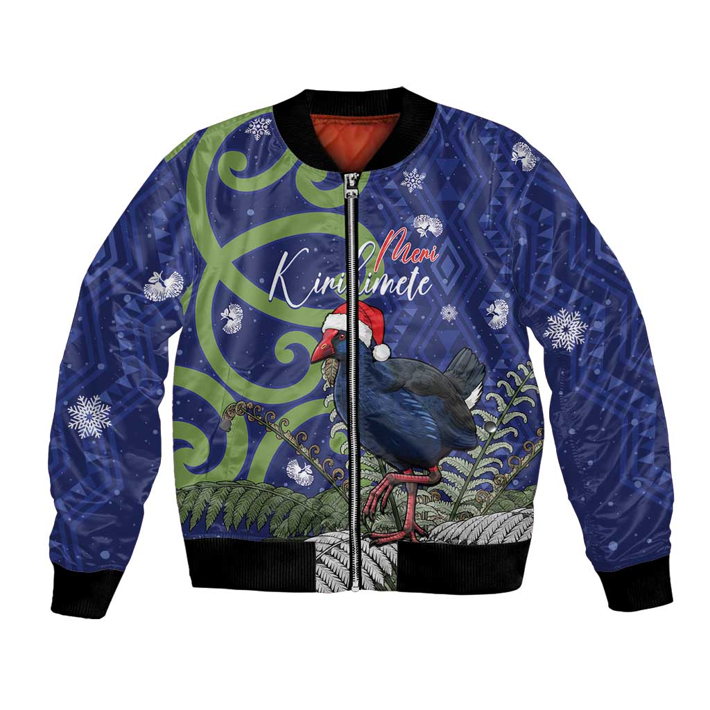 Personalized New Zealand Pukeko Christmas Bomber Jacket Meri Kirihimete Taniko Ponga Koru Blue - Polynesian Pride