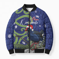 Personalized New Zealand Pukeko Christmas Bomber Puffer Jacket Meri Kirihimete Taniko Ponga Koru Blue - Polynesian Pride