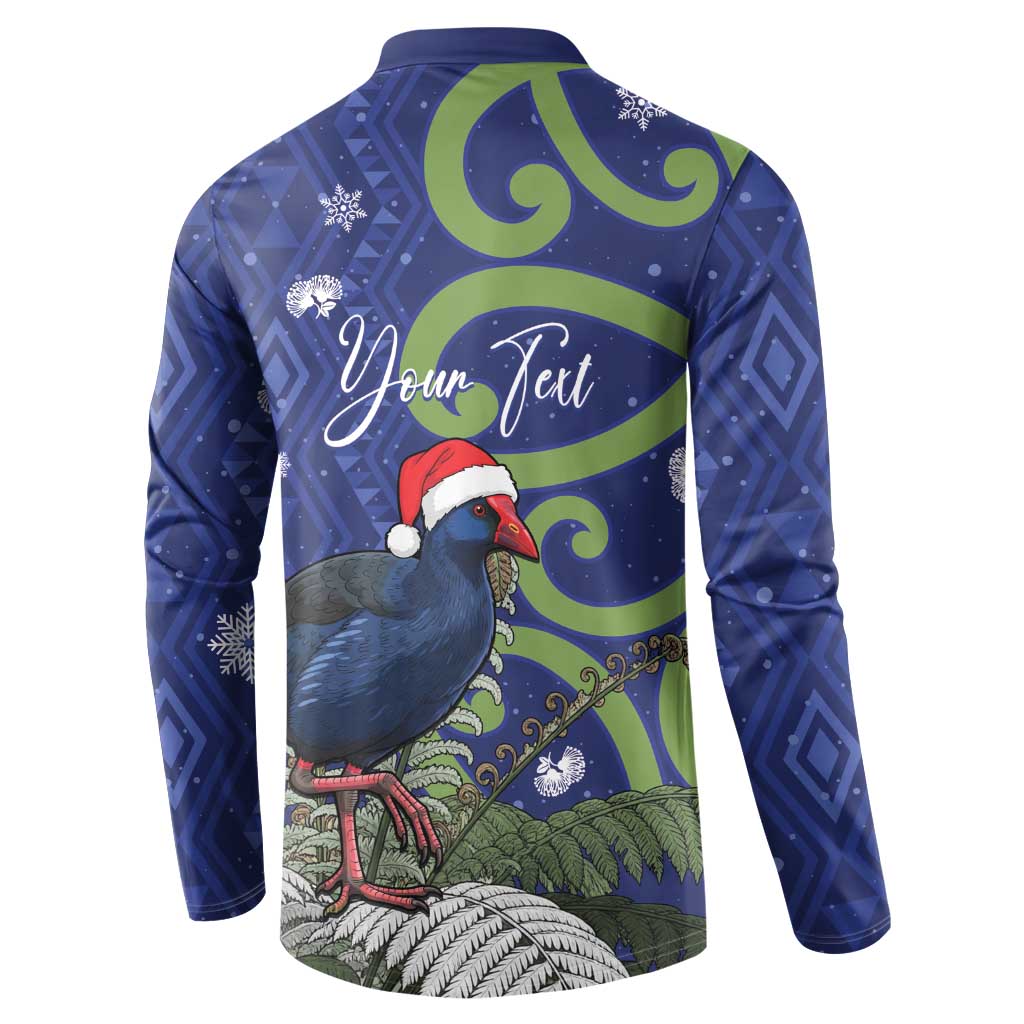Personalized New Zealand Pukeko Christmas Button Sweatshirt Meri Kirihimete Taniko Ponga Koru Blue - Polynesian Pride