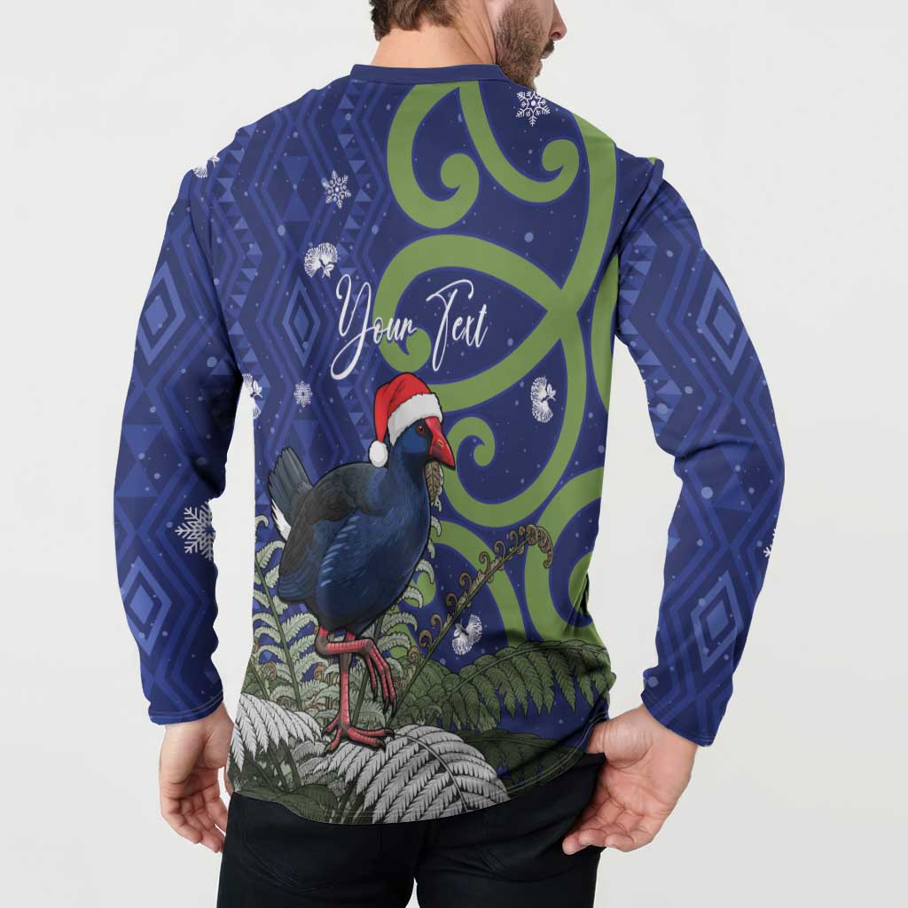 Personalized New Zealand Pukeko Christmas Button Sweatshirt Meri Kirihimete Taniko Ponga Koru Blue - Polynesian Pride