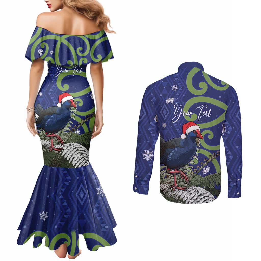 Personalized New Zealand Pukeko Christmas Couples Matching Mermaid Dress and Long Sleeve Button Shirt Meri Kirihimete Taniko Ponga Koru Blue - Polynesian Pride