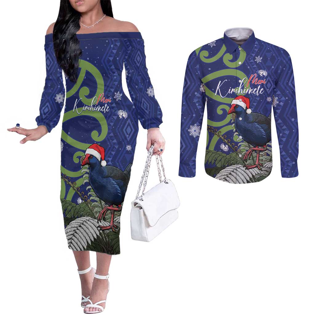 Personalized New Zealand Pukeko Christmas Couples Matching Off The Shoulder Long Sleeve Dress and Long Sleeve Button Shirt Meri Kirihimete Taniko Ponga Koru Blue - Polynesian Pride