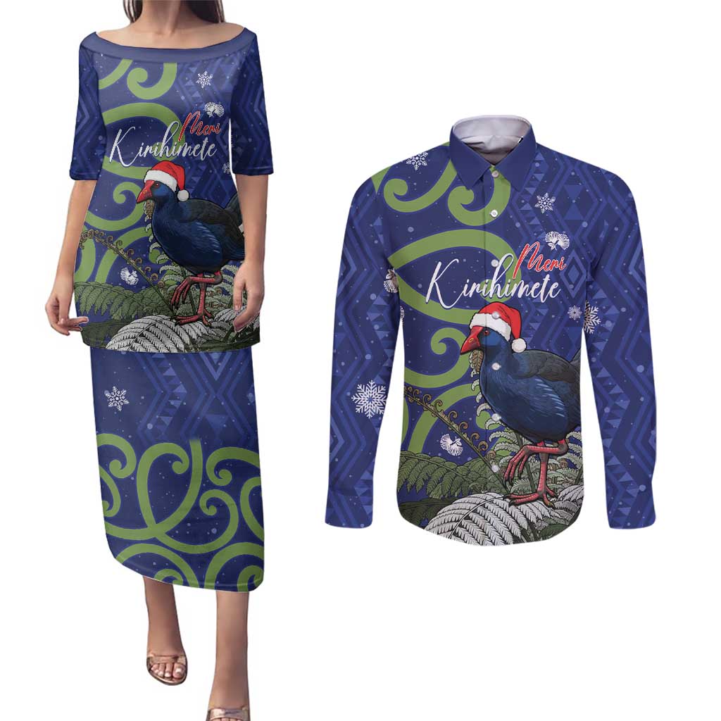 Personalized New Zealand Pukeko Christmas Couples Matching Puletasi and Long Sleeve Button Shirt Meri Kirihimete Taniko Ponga Koru Blue - Polynesian Pride