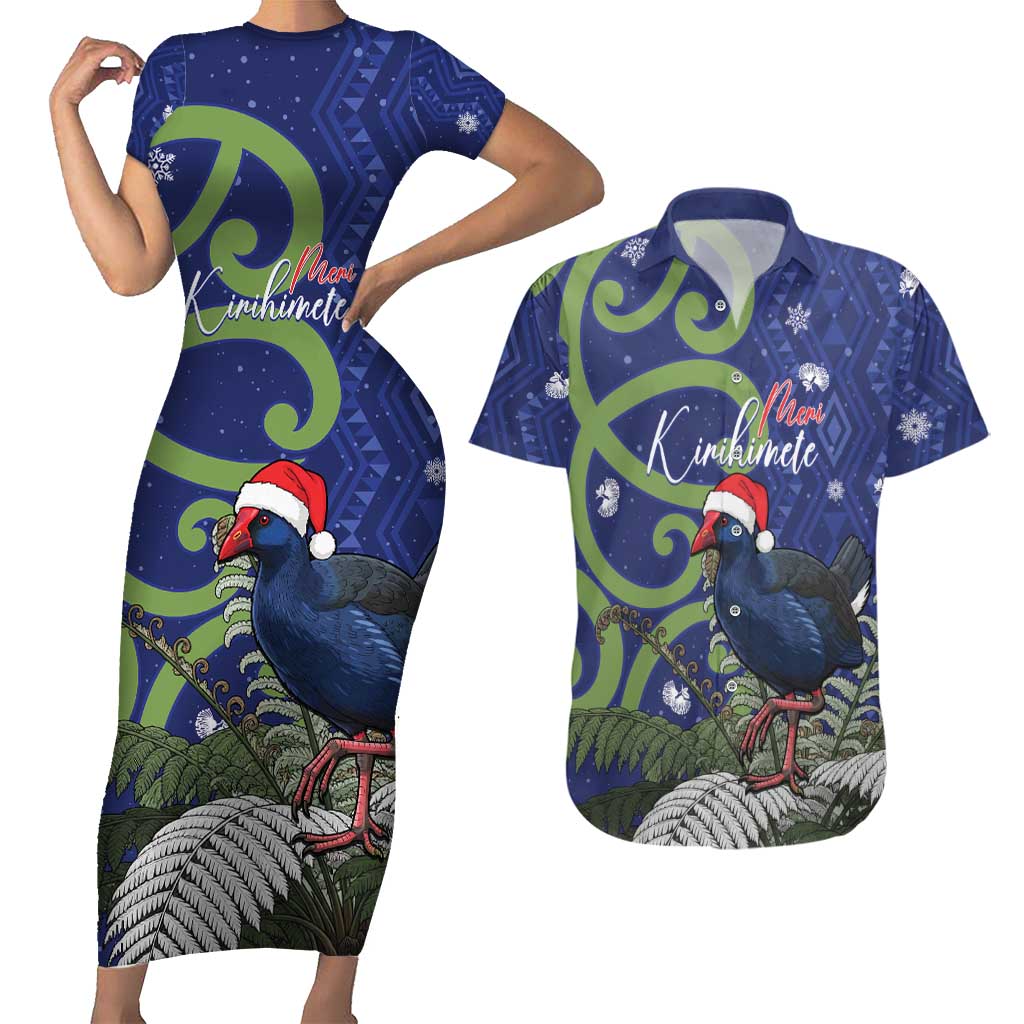 Personalized New Zealand Pukeko Christmas Couples Matching Short Sleeve Bodycon Dress and Hawaiian Shirt Meri Kirihimete Taniko Ponga Koru Blue - Polynesian Pride