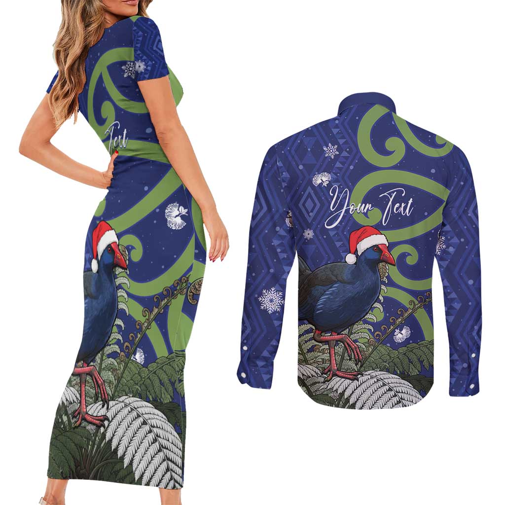 Personalized New Zealand Pukeko Christmas Couples Matching Short Sleeve Bodycon Dress and Long Sleeve Button Shirt Meri Kirihimete Taniko Ponga Koru Blue - Polynesian Pride