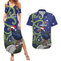 Personalized New Zealand Pukeko Christmas Couples Matching Summer Maxi Dress and Hawaiian Shirt Meri Kirihimete Taniko Ponga Koru Blue - Polynesian Pride