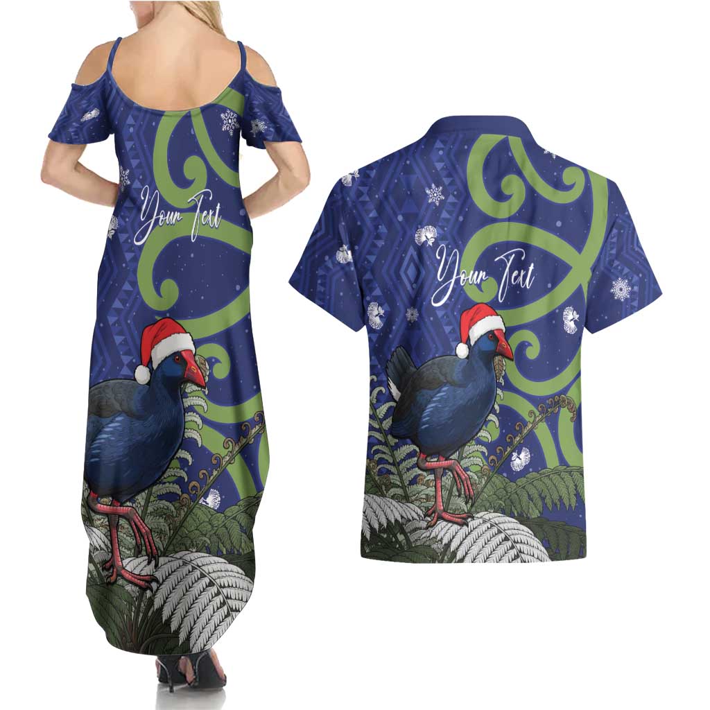 Personalized New Zealand Pukeko Christmas Couples Matching Summer Maxi Dress and Hawaiian Shirt Meri Kirihimete Taniko Ponga Koru Blue - Polynesian Pride