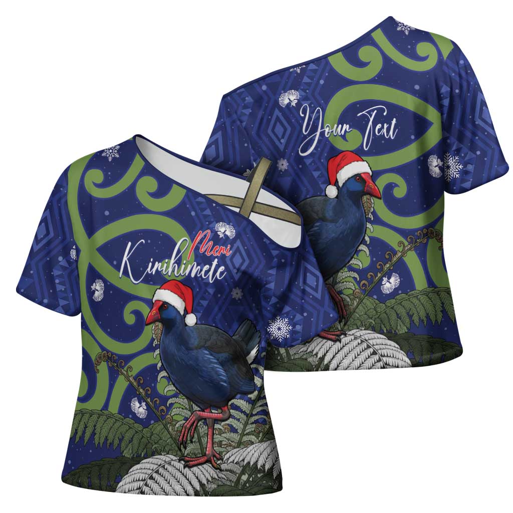 Personalized New Zealand Pukeko Christmas Cross Shoulder Shirt Meri Kirihimete Taniko Ponga Koru Blue - Polynesian Pride