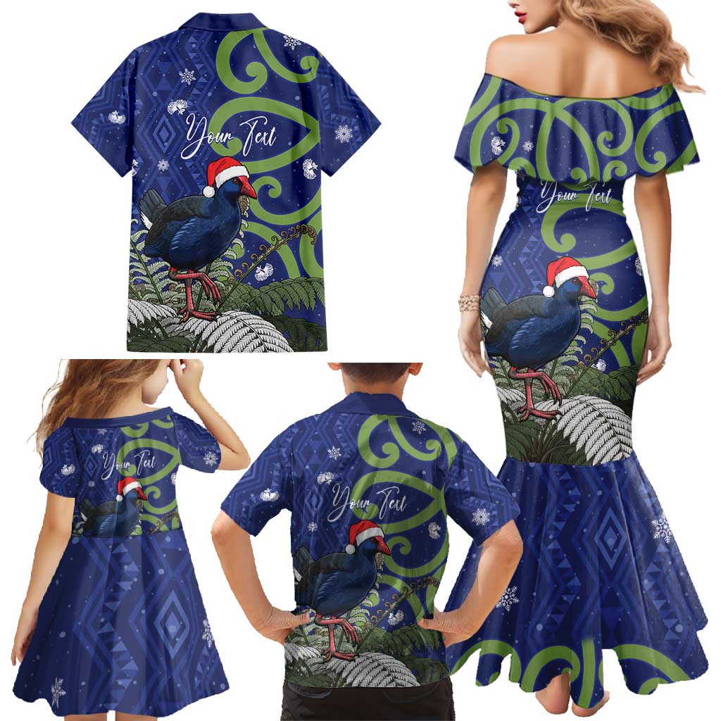 Personalized New Zealand Pukeko Christmas Family Matching Mermaid Dress and Hawaiian Shirt Meri Kirihimete Taniko Ponga Koru Blue - Polynesian Pride