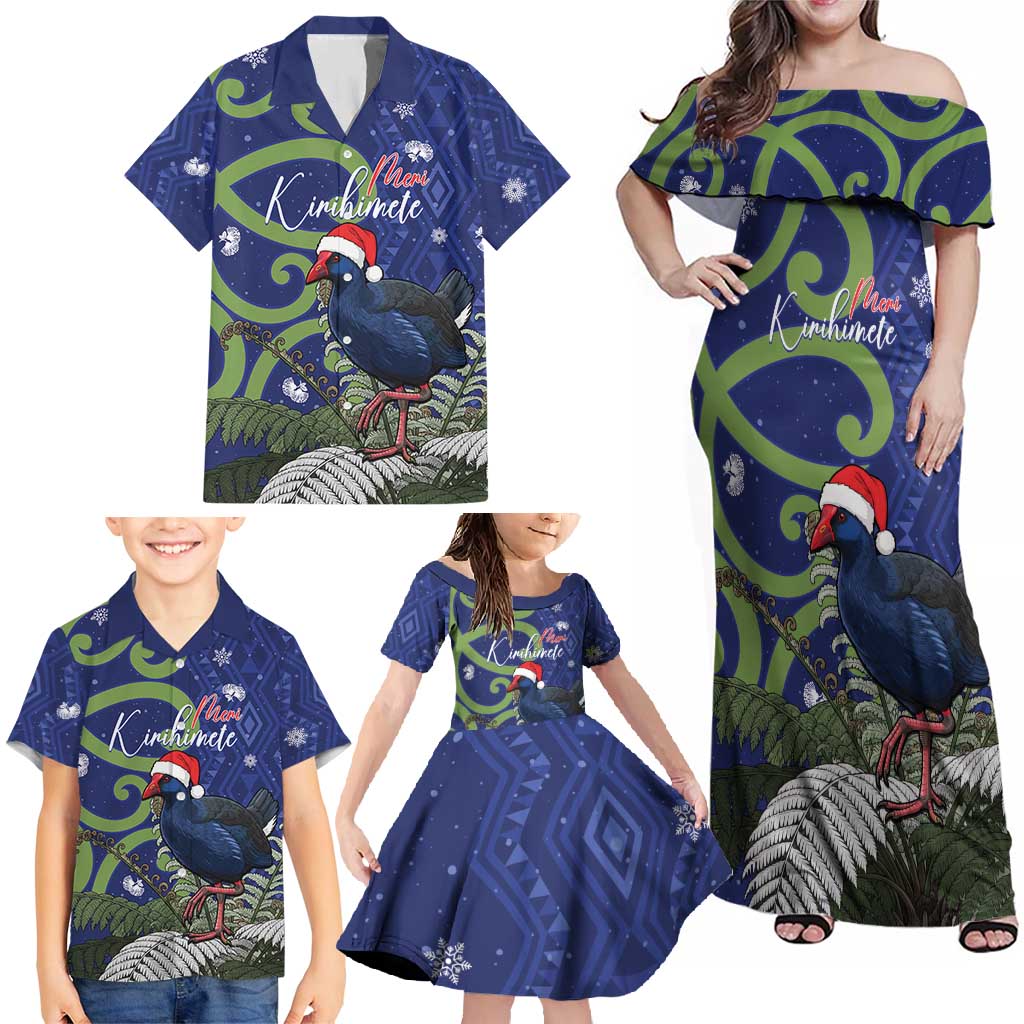 Personalized New Zealand Pukeko Christmas Family Matching Off Shoulder Maxi Dress and Hawaiian Shirt Meri Kirihimete Taniko Ponga Koru Blue - Polynesian Pride