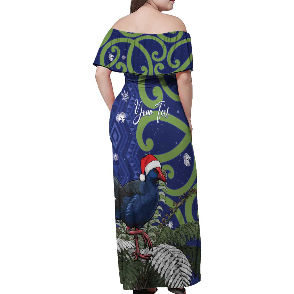 Personalized New Zealand Pukeko Christmas Family Matching Off Shoulder Maxi Dress and Hawaiian Shirt Meri Kirihimete Taniko Ponga Koru Blue - Polynesian Pride