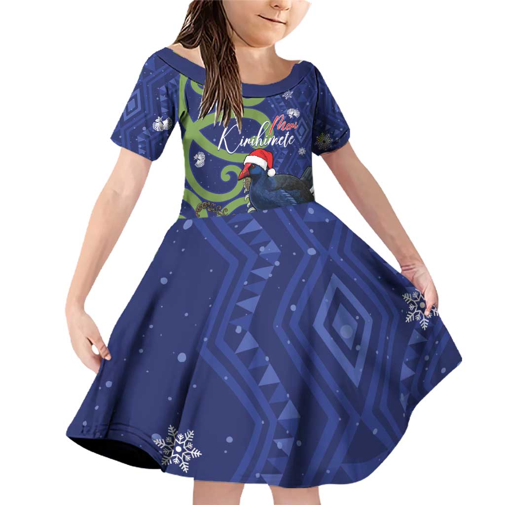 Personalized New Zealand Pukeko Christmas Family Matching Off Shoulder Short Dress and Hawaiian Shirt Meri Kirihimete Taniko Ponga Koru Blue - Polynesian Pride