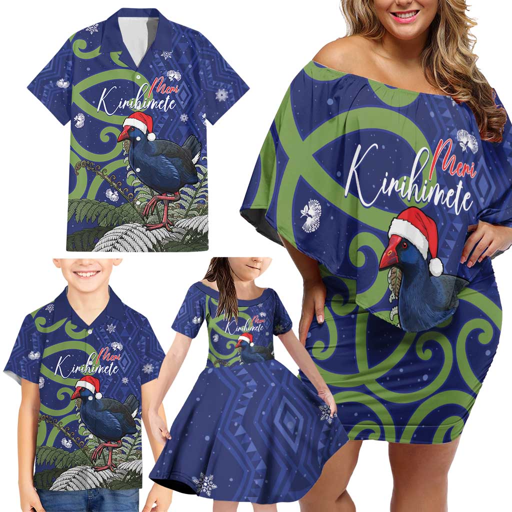 Personalized New Zealand Pukeko Christmas Family Matching Off Shoulder Short Dress and Hawaiian Shirt Meri Kirihimete Taniko Ponga Koru Blue - Polynesian Pride