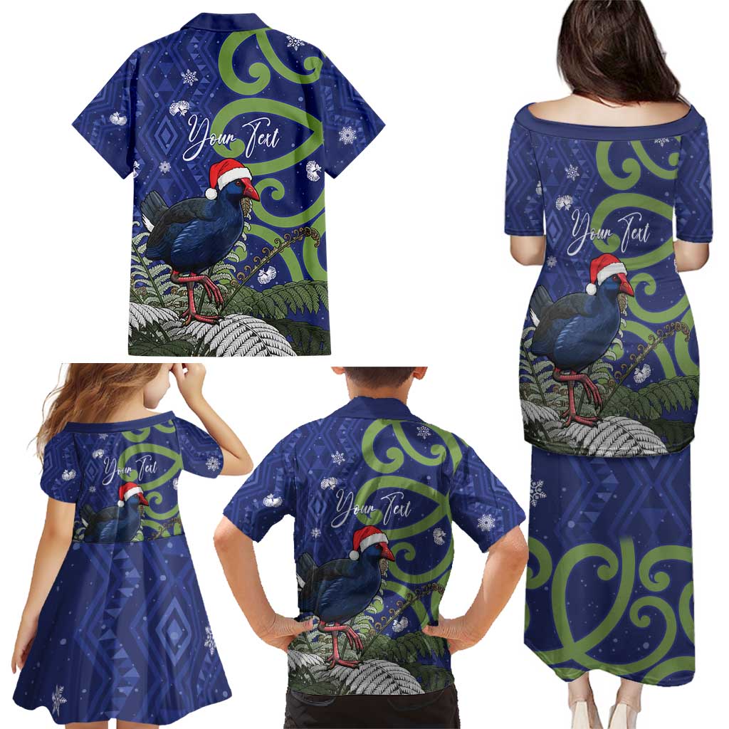 Personalized New Zealand Pukeko Christmas Family Matching Puletasi and Hawaiian Shirt Meri Kirihimete Taniko Ponga Koru Blue - Polynesian Pride