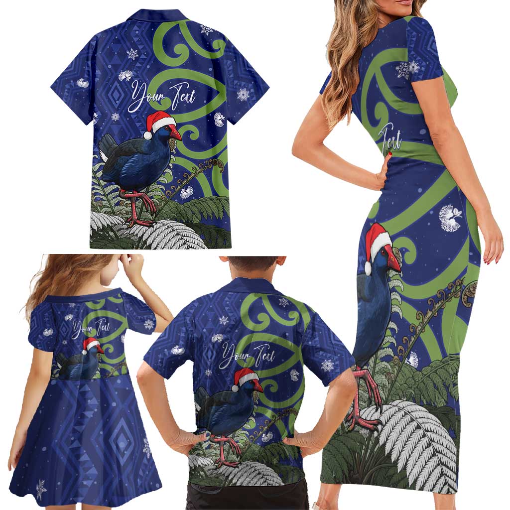 Personalized New Zealand Pukeko Christmas Family Matching Short Sleeve Bodycon Dress and Hawaiian Shirt Meri Kirihimete Taniko Ponga Koru Blue - Polynesian Pride