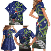 Personalized New Zealand Pukeko Christmas Family Matching Short Sleeve Bodycon Dress and Hawaiian Shirt Meri Kirihimete Taniko Ponga Koru Blue - Polynesian Pride