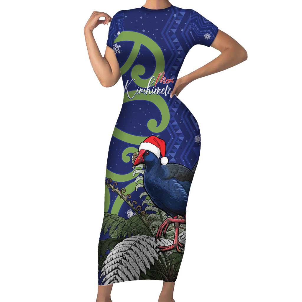 Personalized New Zealand Pukeko Christmas Family Matching Short Sleeve Bodycon Dress and Hawaiian Shirt Meri Kirihimete Taniko Ponga Koru Blue - Polynesian Pride
