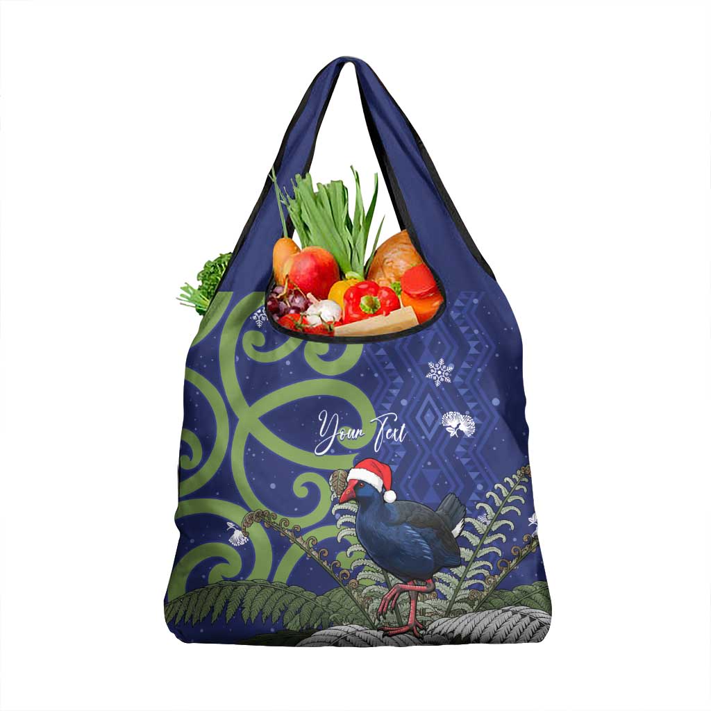 Personalized New Zealand Pukeko Christmas Grocery Bag Meri Kirihimete Taniko Ponga Koru Blue - Polynesian Pride