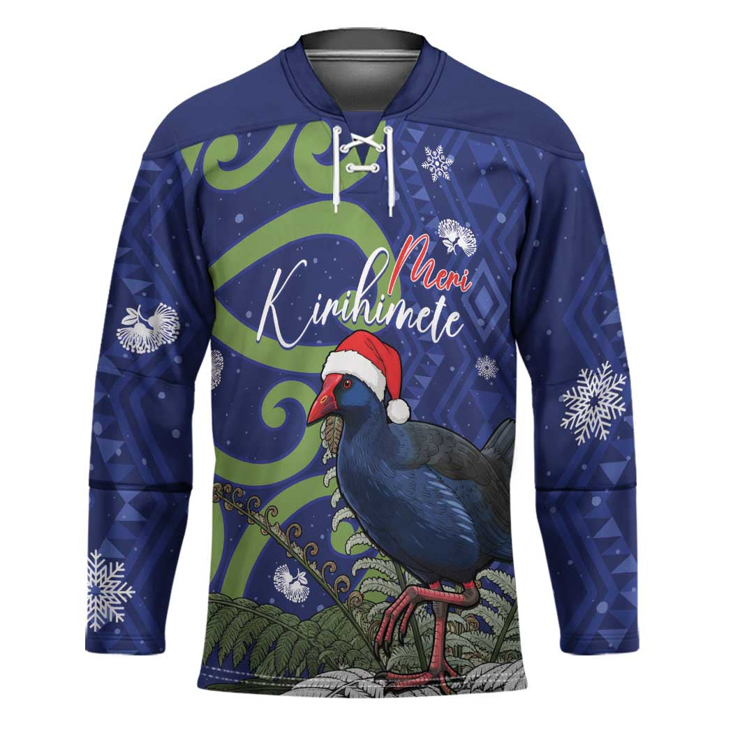 Personalized New Zealand Pukeko Christmas Hockey Jersey Meri Kirihimete Taniko Ponga Koru Blue - Polynesian Pride