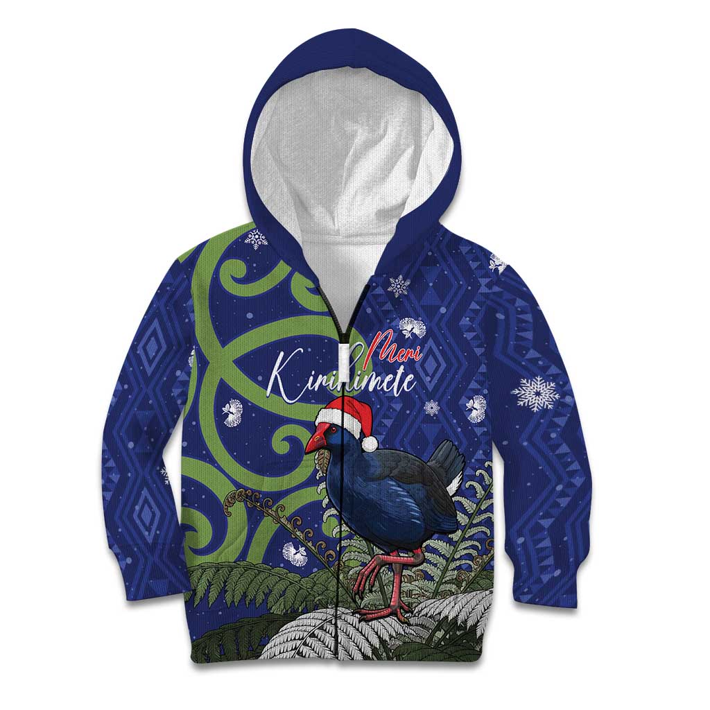 Personalized New Zealand Pukeko Christmas Kid Hoodie Meri Kirihimete Taniko Ponga Koru Blue - Polynesian Pride