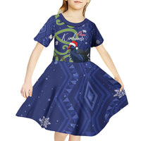 Personalized New Zealand Pukeko Christmas Kid Short Sleeve Dress Meri Kirihimete Taniko Ponga Koru Blue - Polynesian Pride