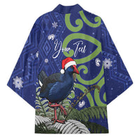 Personalized New Zealand Pukeko Christmas Kimono Meri Kirihimete Taniko Ponga Koru Blue - Polynesian Pride