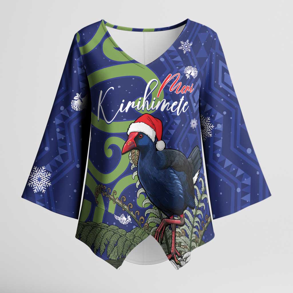 Personalized New Zealand Pukeko Christmas Kimono Sleeve Blouse Meri Kirihimete Taniko Ponga Koru Blue - Polynesian Pride