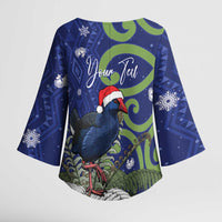 Personalized New Zealand Pukeko Christmas Kimono Sleeve Blouse Meri Kirihimete Taniko Ponga Koru Blue - Polynesian Pride