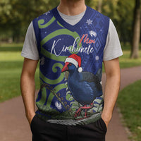 Personalized New Zealand Pukeko Christmas Knitted V-Neck Vest Meri Kirihimete Taniko Ponga Koru Blue - Polynesian Pride