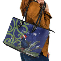 Personalized New Zealand Pukeko Christmas Leather Tote Bag Meri Kirihimete Taniko Ponga Koru Blue - Polynesian Pride