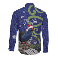 Personalized New Zealand Pukeko Christmas Long Sleeve Button Shirt Meri Kirihimete Taniko Ponga Koru Blue - Polynesian Pride