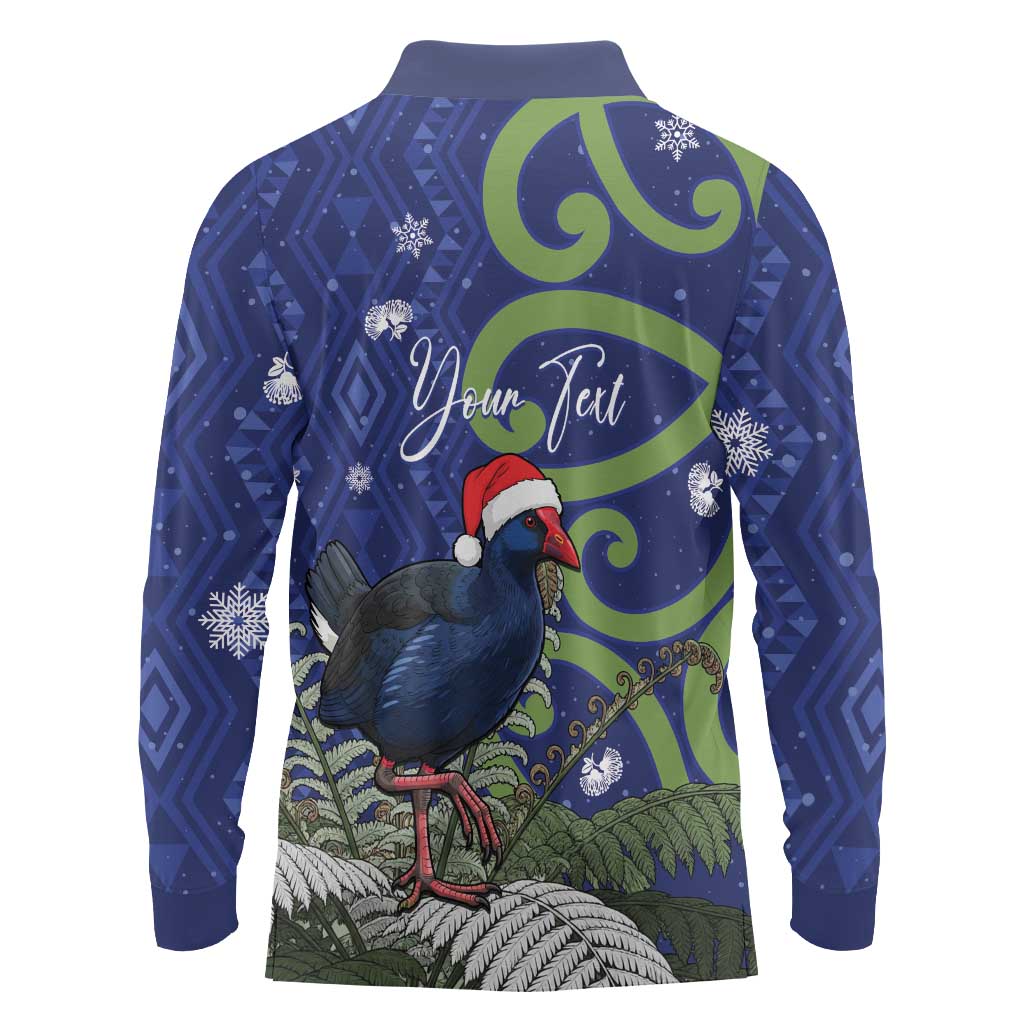 Personalized New Zealand Pukeko Christmas Long Sleeve Polo Shirt Meri Kirihimete Taniko Ponga Koru Blue - Polynesian Pride