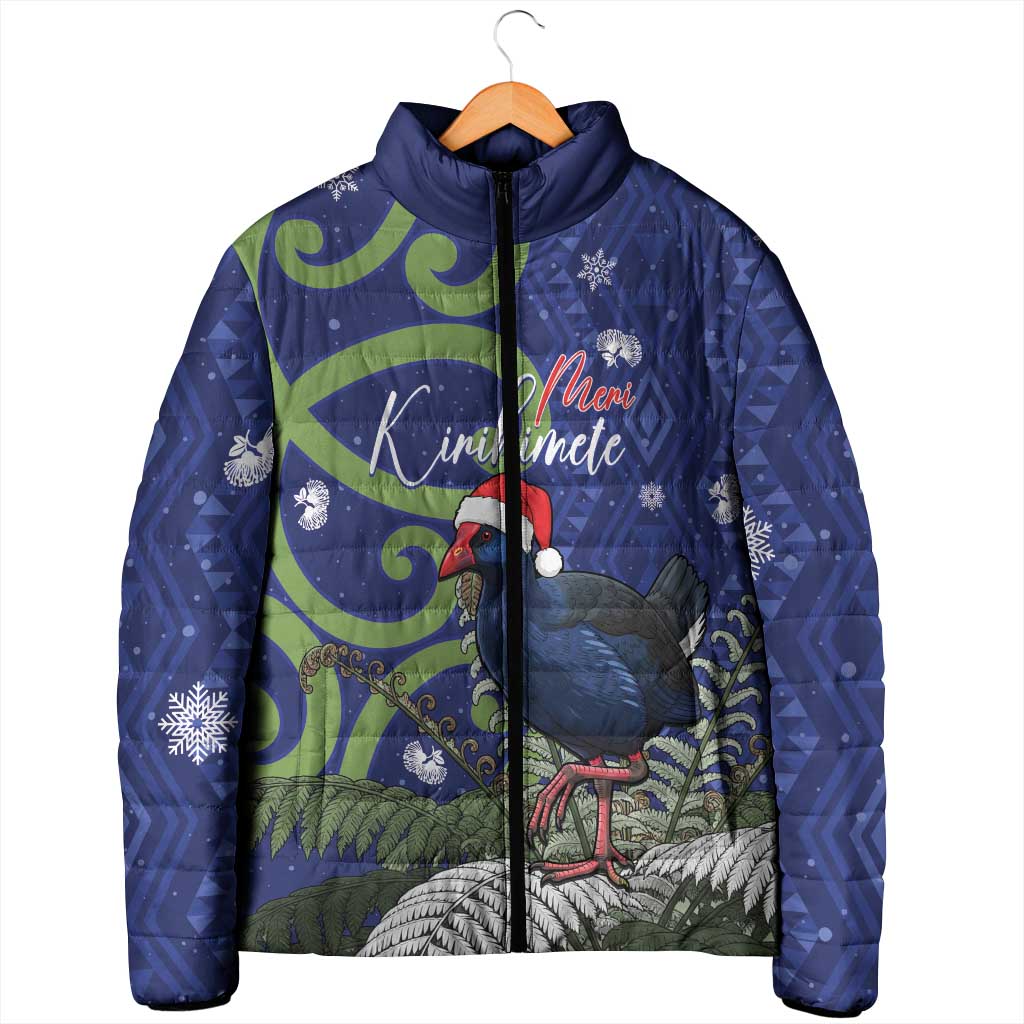Personalized New Zealand Pukeko Christmas Padded Jacket Meri Kirihimete Taniko Ponga Koru Blue - Polynesian Pride