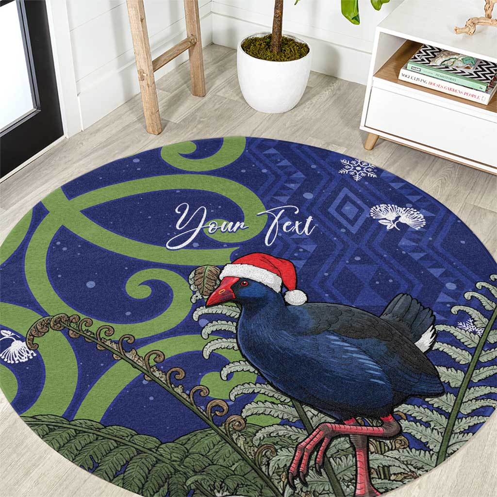 Personalized New Zealand Pukeko Christmas Round Carpet Meri Kirihimete Taniko Ponga Koru Blue - Polynesian Pride