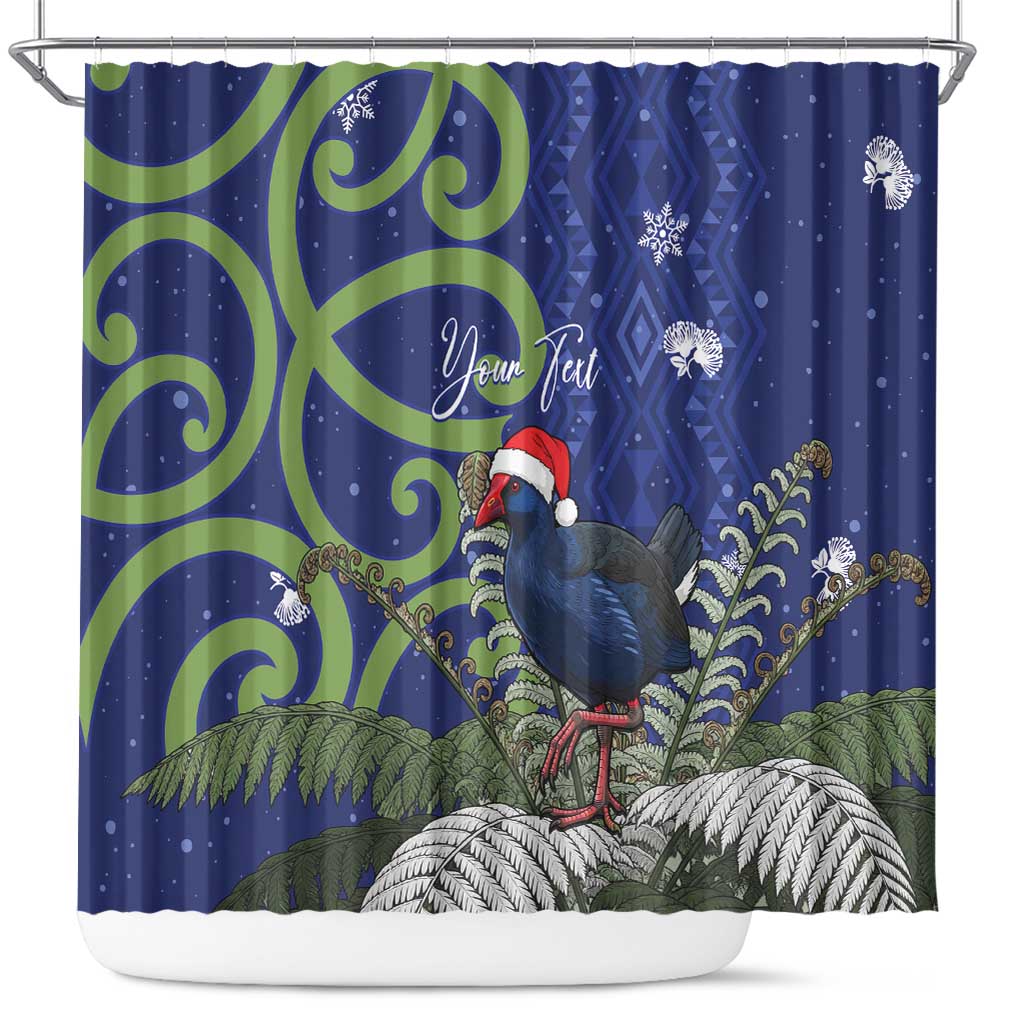 Personalized New Zealand Pukeko Christmas Shower Curtain Meri Kirihimete Taniko Ponga Koru Blue - Polynesian Pride