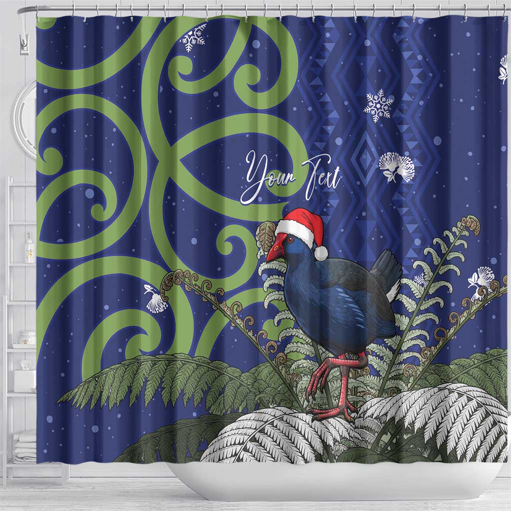 Personalized New Zealand Pukeko Christmas Shower Curtain Meri Kirihimete Taniko Ponga Koru Blue - Polynesian Pride