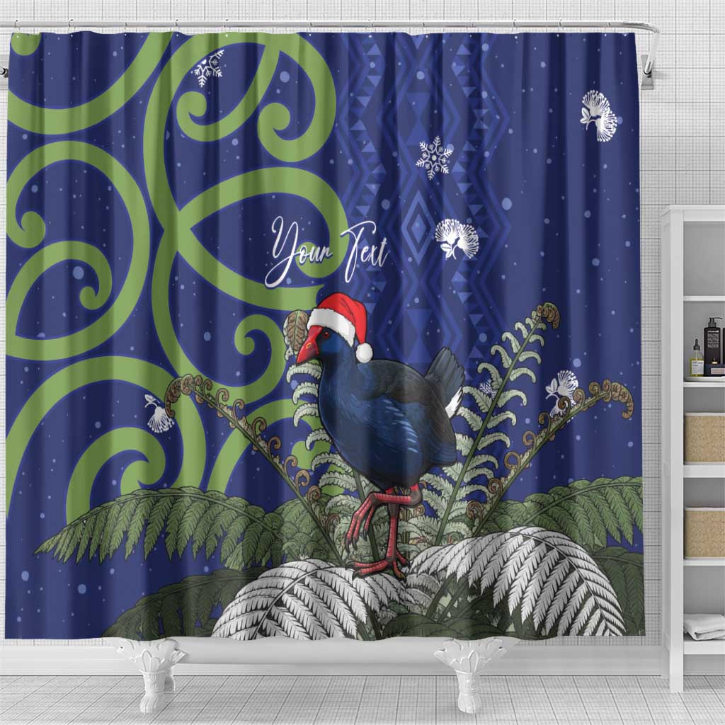Personalized New Zealand Pukeko Christmas Shower Curtain Meri Kirihimete Taniko Ponga Koru Blue - Polynesian Pride
