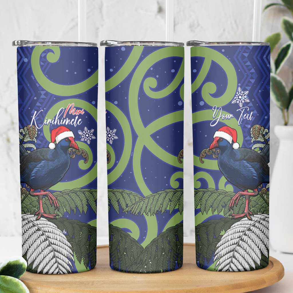 Personalized New Zealand Pukeko Christmas Skinny Tumbler Meri Kirihimete Taniko Ponga Koru Blue - Polynesian Pride