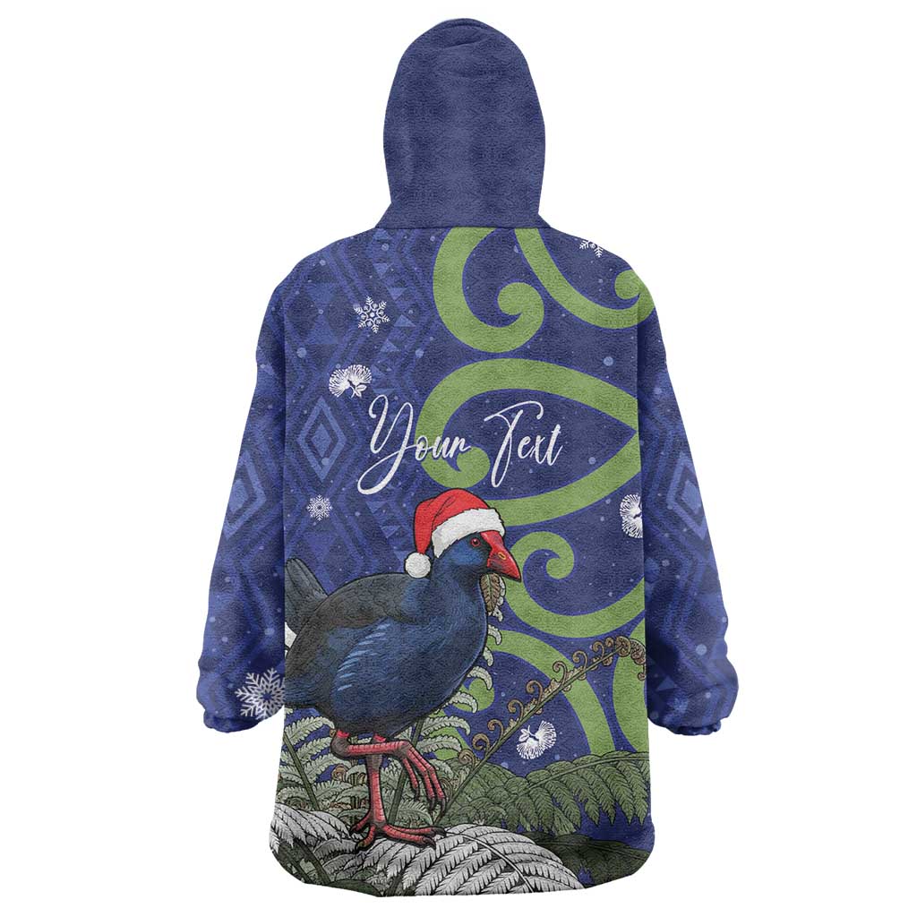 Personalized New Zealand Pukeko Christmas Wearable Blanket Hoodie Meri Kirihimete Taniko Ponga Koru Blue - Polynesian Pride