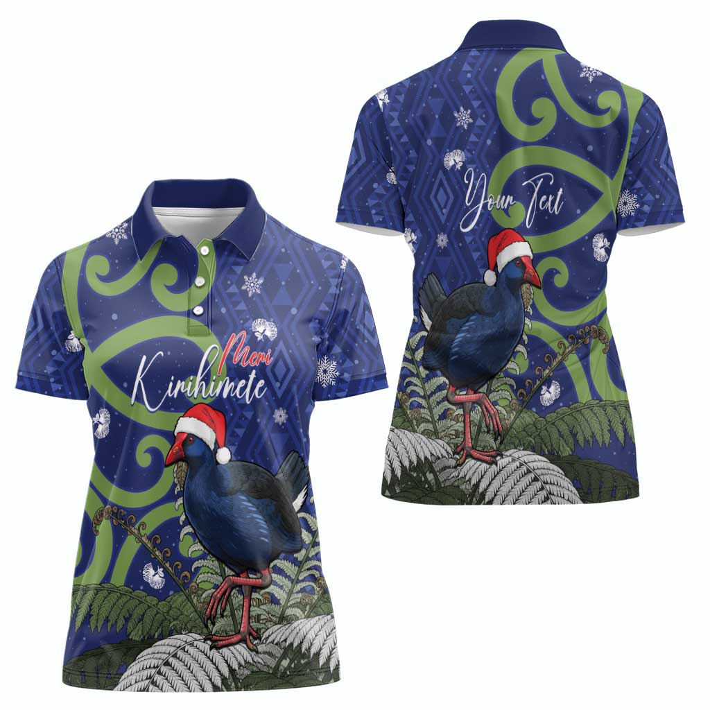 Personalized New Zealand Pukeko Christmas Women Polo Shirt Meri Kirihimete Taniko Ponga Koru Blue - Polynesian Pride