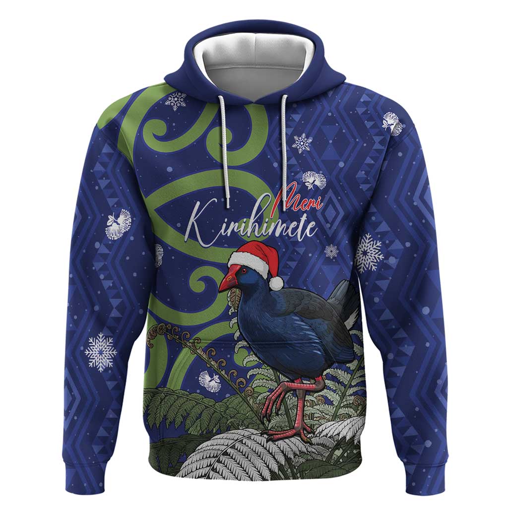 Personalized New Zealand Pukeko Christmas Zip Hoodie Meri Kirihimete Taniko Ponga Koru Blue - Polynesian Pride