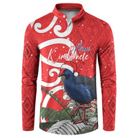Personalized New Zealand Pukeko Christmas Button Sweatshirt Meri Kirihimete Taniko Ponga Koru Red - Polynesian Pride