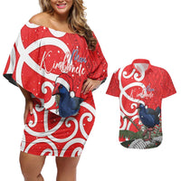 Personalized New Zealand Pukeko Christmas Couples Matching Off Shoulder Short Dress and Hawaiian Shirt Meri Kirihimete Taniko Ponga Koru Red - Polynesian Pride
