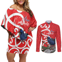 Personalized New Zealand Pukeko Christmas Couples Matching Off Shoulder Short Dress and Long Sleeve Button Shirt Meri Kirihimete Taniko Ponga Koru Red - Polynesian Pride