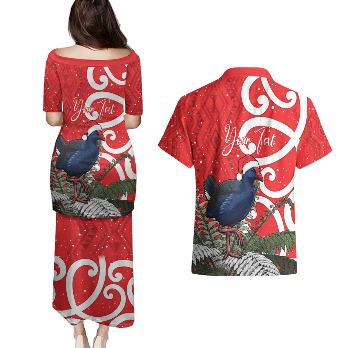 Personalized New Zealand Pukeko Christmas Couples Matching Puletasi and Hawaiian Shirt Meri Kirihimete Taniko Ponga Koru Red - Polynesian Pride