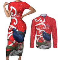 Personalized New Zealand Pukeko Christmas Couples Matching Short Sleeve Bodycon Dress and Long Sleeve Button Shirt Meri Kirihimete Taniko Ponga Koru Red - Polynesian Pride