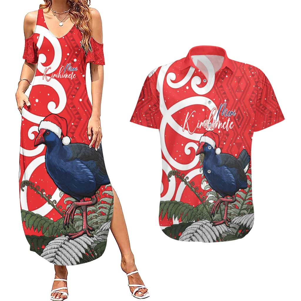 Personalized New Zealand Pukeko Christmas Couples Matching Summer Maxi Dress and Hawaiian Shirt Meri Kirihimete Taniko Ponga Koru Red - Polynesian Pride