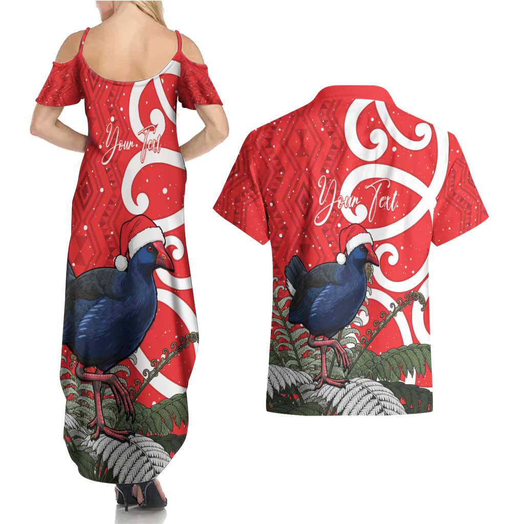 Personalized New Zealand Pukeko Christmas Couples Matching Summer Maxi Dress and Hawaiian Shirt Meri Kirihimete Taniko Ponga Koru Red - Polynesian Pride
